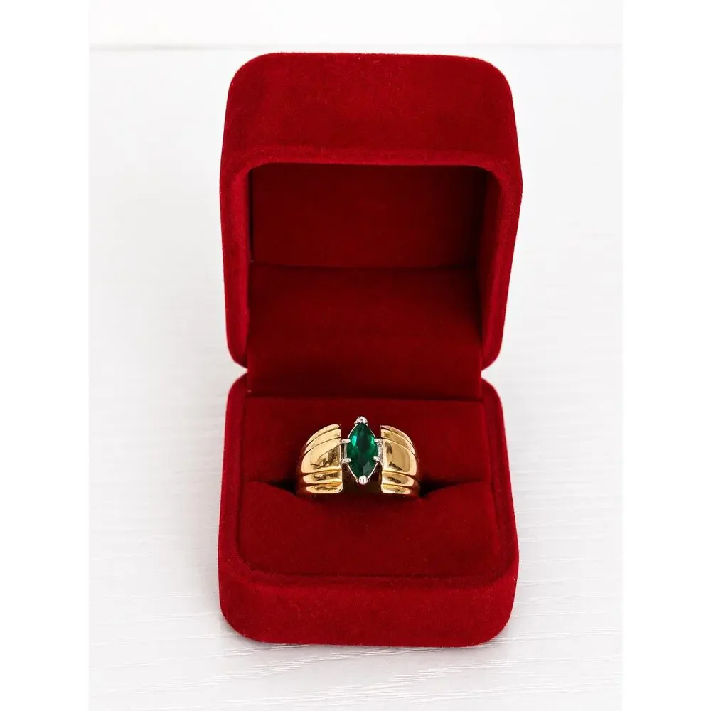 Vintage Karatclad Green Marquise Ring 14KT GE Gold Plate Size 8 New NOS